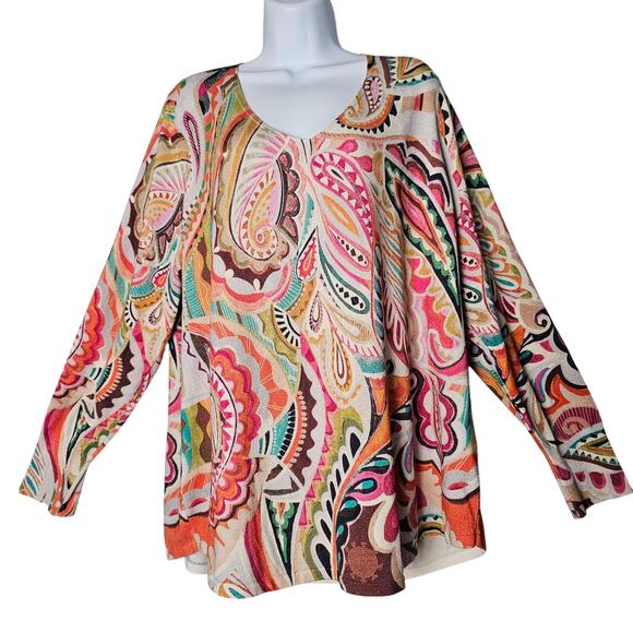 Chico’s Paisley Print Top Size 4 XXL Multicolor Knit Boho Tunic Dopamine Resort - Picture 1 of 9
